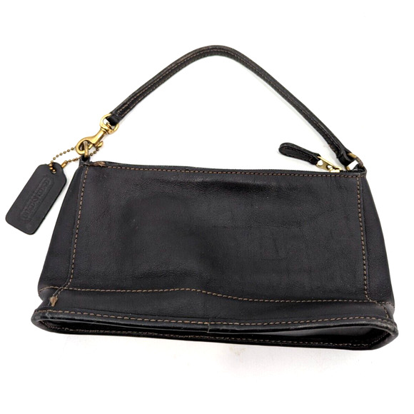 Coach Handbags - COACH Vintage Black Leather Clutch Wristlet Strap No. 9311 Top Zipper